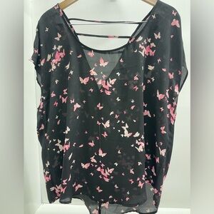 Torrid Sheer Black Open Back Blouse with Pink Butterfly Print